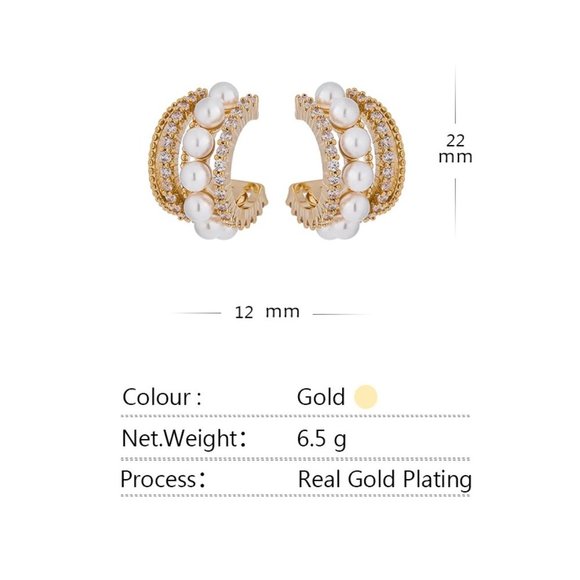 NEW 18K Gold Plated Pearl Diamond Hoop Earrings - Picture 7 of 7